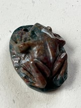 Finely Carved Dark Green &amp; Cranberry Frog on Lily Pad Stone Pendant or Other Use - £30.36 GBP