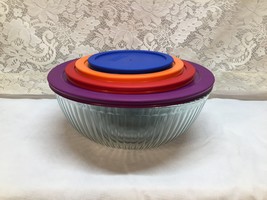 4 Pyrex Nesting Sculpted Mixing Bowls With Lids 8 Pieces Very Heavy Glass - £35.37 GBP