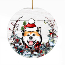 Cute Akita Dog Santa Hat Wreath Christmas Ornament Acrylic Gift Decor Hanging - £13.25 GBP