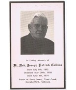 Prayer Card Rev Joseph Collins 1892-1974 Parry Sound Trout Creek Cambell... - $1.97