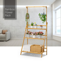 28&quot;Natural Bamboo [Plant Basket Hanging Rod] 3-Tier Foldable Balcony Flower Rack - £61.53 GBP