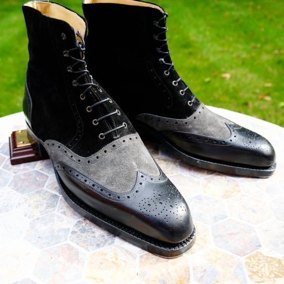 NEW Handmade Men Black Gray Suede Leather boot, Mens lace up Wingtip Ankle High