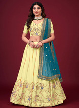 Beautiful Yellow And Blue Multi Embroidery Wedding Lehenga Choli - £84.93 GBP