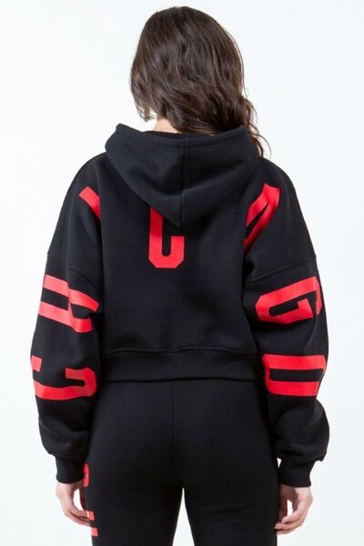 American Bazi Letter Graphic Long Sleeve Drawstring Cropped Hoodie - $43.05