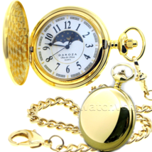Pocket Watch Gold Color 47 MM Brass Men Watch Japan Sun Moon Movement Fob Chain - £30.46 GBP