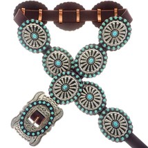 Navajo Turquoise Concho Belt Old Pawn Santa Fe Style LRG Stamped Antiqued Silver - £1,320.78 GBP