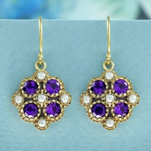Natural Amethyst and Pearl Vintage Style Floral Earrings in Solid 9K Yellow Gold - £559.44 GBP
