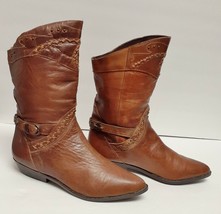 Click Boots Western Cowboy Fashion Braided Leather Pull On Brown Chile 8.5 B VTG - £55.11 GBP