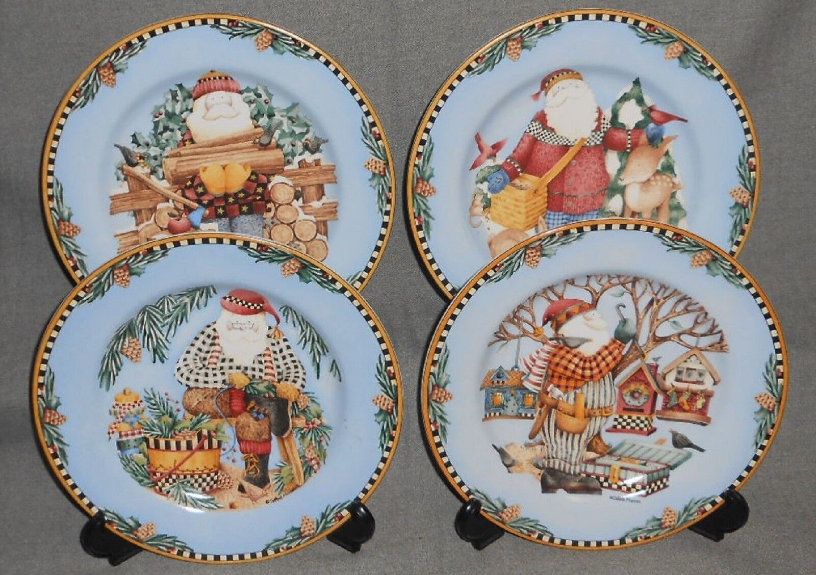 1998 Sakura WOODLAND SANTA PATTERN Salad Plates DEBBIE MUMM Holiday - Ch... - $19.79