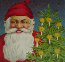  Smiling Santa Claus in Red With Christmas Tree &amp; Mistletoe Antique Postcard - £14.95 GBP