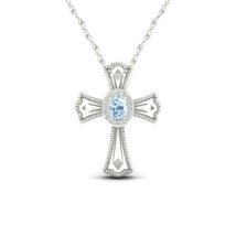 Natural Aquamarine and Diamond Cross Necklace in 10K White Gold - £119.89 GBP