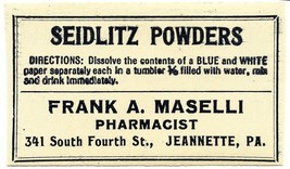 Antique Pharmacy Label SEIDLITZ POWDERS Frank A. Maselli Pharmacist Jean... - $28.11