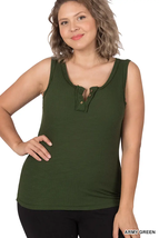 Womens Ribbed Fitted Tank Top Button Placket Raw Seams Plus Army Green S... - £11.69 GBP