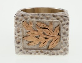 Texture Sterling Silver Band with a Gold Tone Leaf Design Ring Size 10 - £116.15 GBP