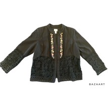 Women&#39;s Chico&#39;s Brand Black Embroidered Beaded Jacket With Crocheted Detail - £23.34 GBP