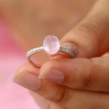 Unique Rose Quartz Ring, Oval Shape, Engagement Ring, 925 Sterling Silver - £50.35 GBP