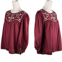 Max Studio Top Boho Large Floral Embroidery Red Yellow Textured New - $25.00
