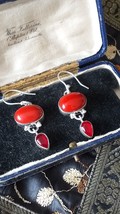Vintage 1990-s 925 Sterling Silver Coral and Ruby Earrings Hallmarked - $1,298.35 MXN