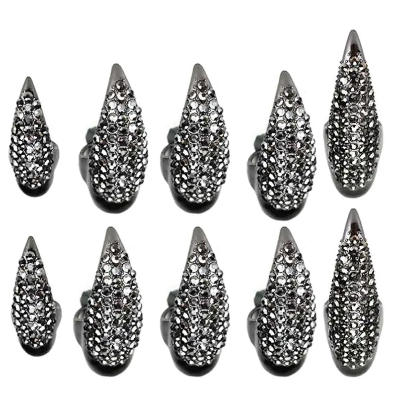 10 PCS Halloween Costume Claws Fake Nails Ring Set, Gothic Punk 3 Sizes Crystal  - £20.43 GBP