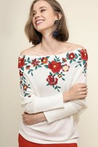 Umgee Off the Shoulder Top White Embroidered Floral Dolman Waffle Knit Shirt NEW - £15.65 GBP