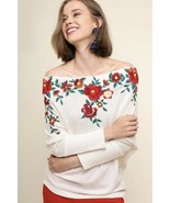 Umgee Off the Shoulder Top White Embroidered Floral Dolman Waffle Knit S... - £15.92 GBP