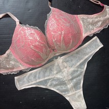 Victoria&#39;s Secret 36C Bra Set L Thong Neon Pink Gold Foil Lace Beige Fabulous - £61.85 GBP