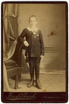 Circa 1890&#39;S Cabinet Card Young Boy In Black Suit &amp; Boots Fred Bach New York Ny - £8.17 GBP