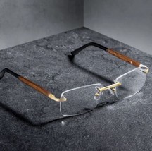 Vintage Men&#39;s Rimless Gold Frame Retro Hip Hop Luxury Wood Clear Lens Glasses - £15.93 GBP