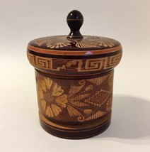 Carved Wood Trinket Jewelry Box Round Vintage Aztec Style Brown Lid - $26.00