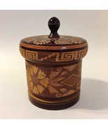 Carved Wood Trinket Jewelry Box Round Vintage Aztec Style Brown Lid - $26.00