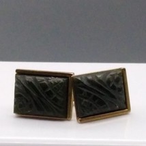 Vintage Anson Carved Jade Cufflinks, Gold Tone Squares with Dark Green S... - $50.31