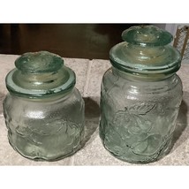 Vintage Libbey Glass (2 Piece) Orchard Fruit Embossed Green Glass Canisters - £17.75 GBP