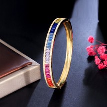 10CT Baguette Created Rainbow Sapphire &amp; Cz Open Cuff Bangle Bracelet in Silver - £191.30 GBP