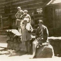 Group in Front of Log Cabin Restaurant with Chicken Dinner Today Sign B&amp;W Photo - £14.24 GBP