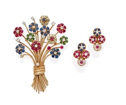 14k Gold Gem-Set Blumengesteck Brosche Und Ohr Clips W / 3.42 Karat Diam... - $126,881.57 MXN