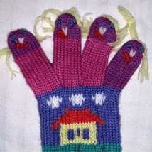 Vintage Unique Wearable Art Girls Knit Fun Gloves Mittens Stitched People - £12.37 GBP