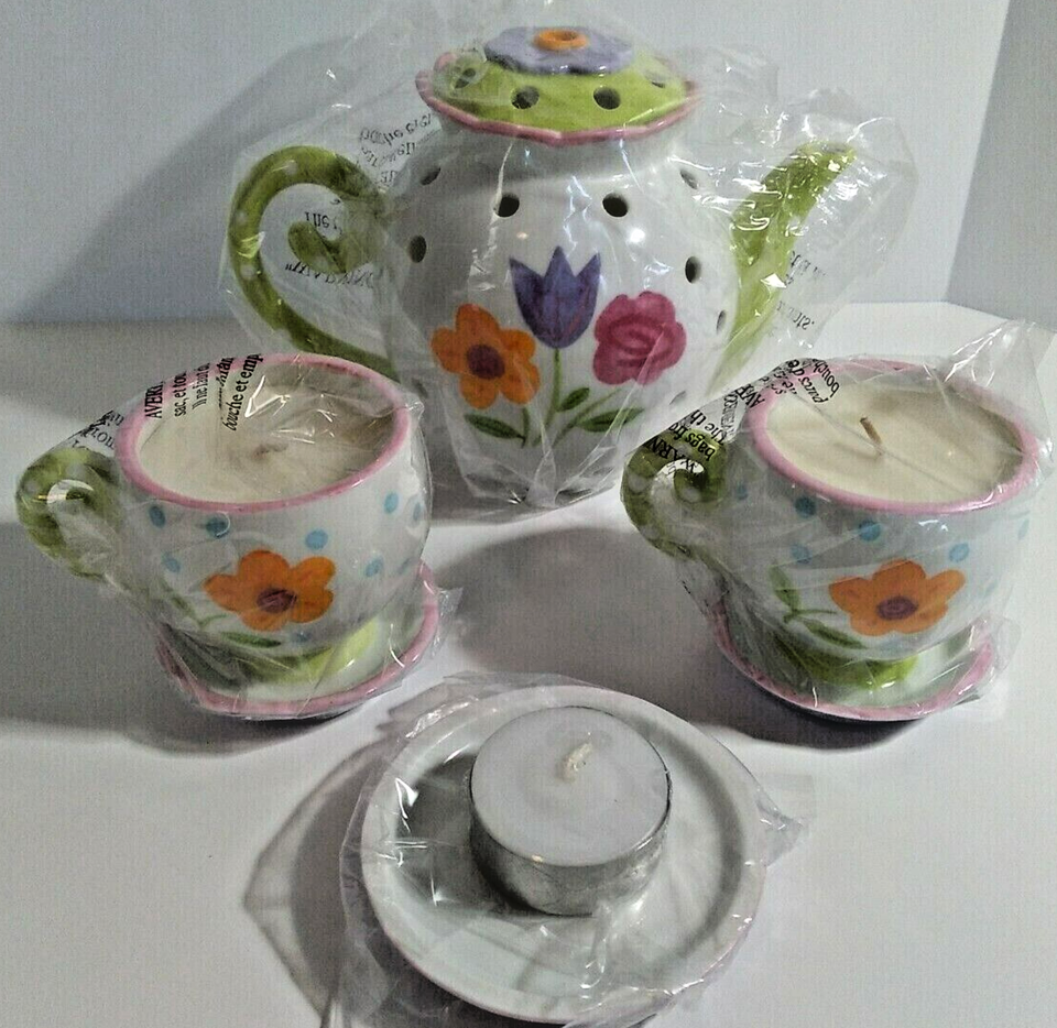 Avon Teatime Floral Bright's 5 Piece Set Candle Set, New Vintage - $17.15