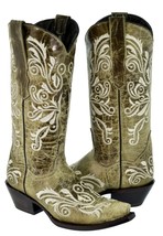 Womens Cowboy Boots Sand Western Wear Leather Swan Embroidered Snip Toe Botas - £75.87 GBP