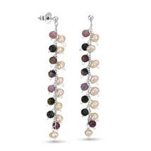 Elegant Multicolor Tourmaline Long Dangling and Pearl Sterling Silver Earrings - £14.94 GBP