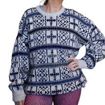 Vintage 90s Mens XL Dad Pullover Sweater Geometric White Blue Aztec Tribal - £37.12 GBP