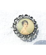 Antique Portrait Miniature Sterling Silver Pin Hand Painted Under Glass ... - $107.33