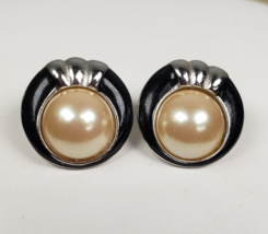 Vintage Richelieu Signed Silver Tone Black Enamel Faux Pearl Pierced Ear... - $32.20