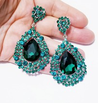Bridesmaid Drop Earrings, Emerald Green Chandelier Earrings, Rhinestone Austrian - £32.31 GBP