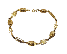 18K Yellow Gold Egyptian Revival Ankh Cross Scarab &amp; King Tut Link Bracelet - £779.49 GBP