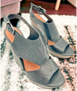 gianni bini laser cut black italian leather ankle strap wedge sandals wo... - $127.77 MXN