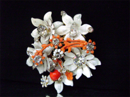 Vintage Enamel Flower Brooch Clear Rhinestone Faux Coral Filigree Haskel... - $35.00