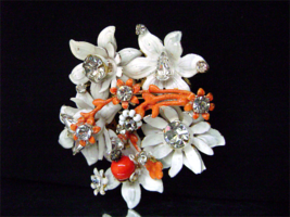 Vintage Enamel Flower Brooch Clear Rhinestone Faux Coral Filigree Haskel... - £27.73 GBP