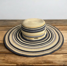 Nautica Women&#39;s Wide Brim Sun White Hat Blue  Tan Stripes OS Beach Cruise - $23.27