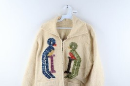 Vintage 50s Mens Medium Wool Knit Fringed Southwestern Birds Full Zip Jacket - £270.86 GBP