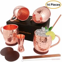 4Pcs Moscow Mule Copper Mug Set Mule Cups With Handles Straws Coasters Brush Kit - £43.94 GBP